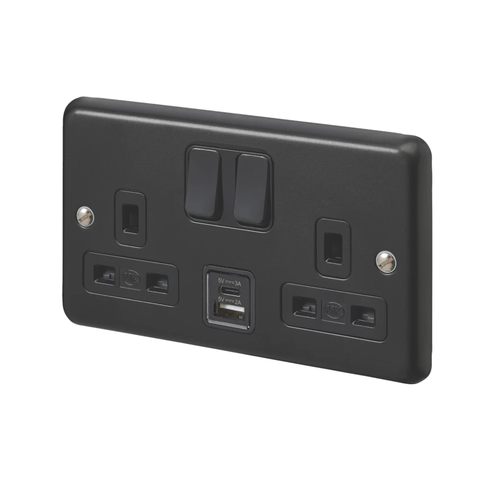 MK Contoura 13A 2-Gang DP Switched Socket + 3A 2-Outlet Type A & C USB Charger Black With Colour-Matched Inserts 3 MK Contoura 13A 2-Gang DP Switched Socket + 3A 2-Outlet Type A & C USB Charger Black With Colour-Matched Inserts