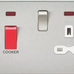 Knightsbridge FPR8333NBCW 45 & 13A 2-Gang DP Cooker Switch & 13A DP Switched Socket Brushed Chrome With LED With White Inserts