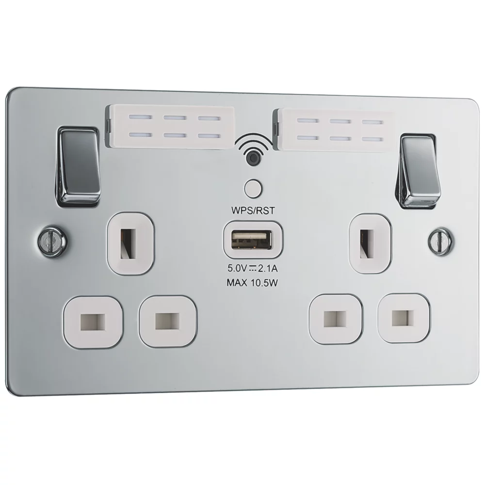 LAP 13A 2-Gang SP Switched Wi-Fi Extender Socket + 2.1A 1-Outlet Type A USB Charger Polished Chrome With White Inserts 4 LAP 13A 2-Gang SP Switched Wi-Fi Extender Socket + 2.1A 1-Outlet Type A USB Charger Polished Chrome With White Inserts - Image 2