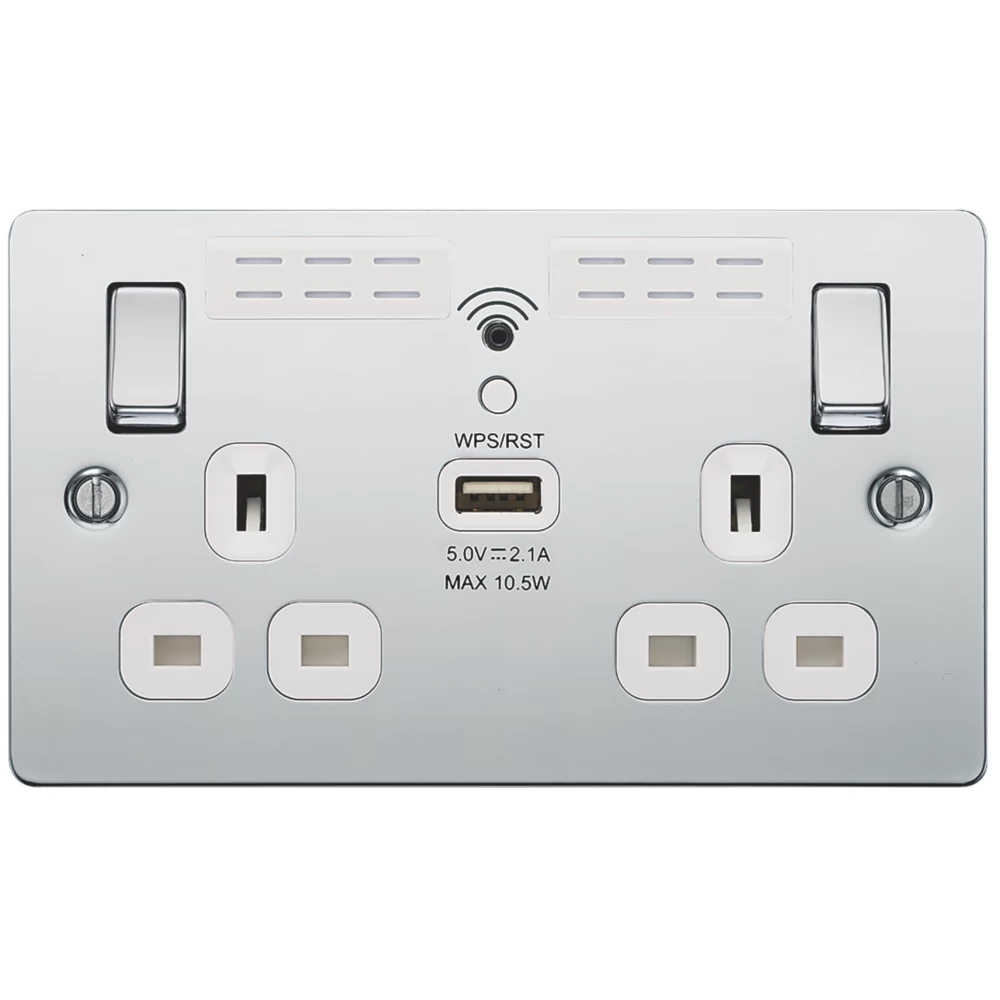 LAP 13A 2-Gang SP Switched Wi-Fi Extender Socket + 2.1A 1-Outlet Type A USB Charger Polished Chrome With White Inserts 5 LAP 13A 2-Gang SP Switched Wi-Fi Extender Socket + 2.1A 1-Outlet Type A USB Charger Polished Chrome With White Inserts - Image 3
