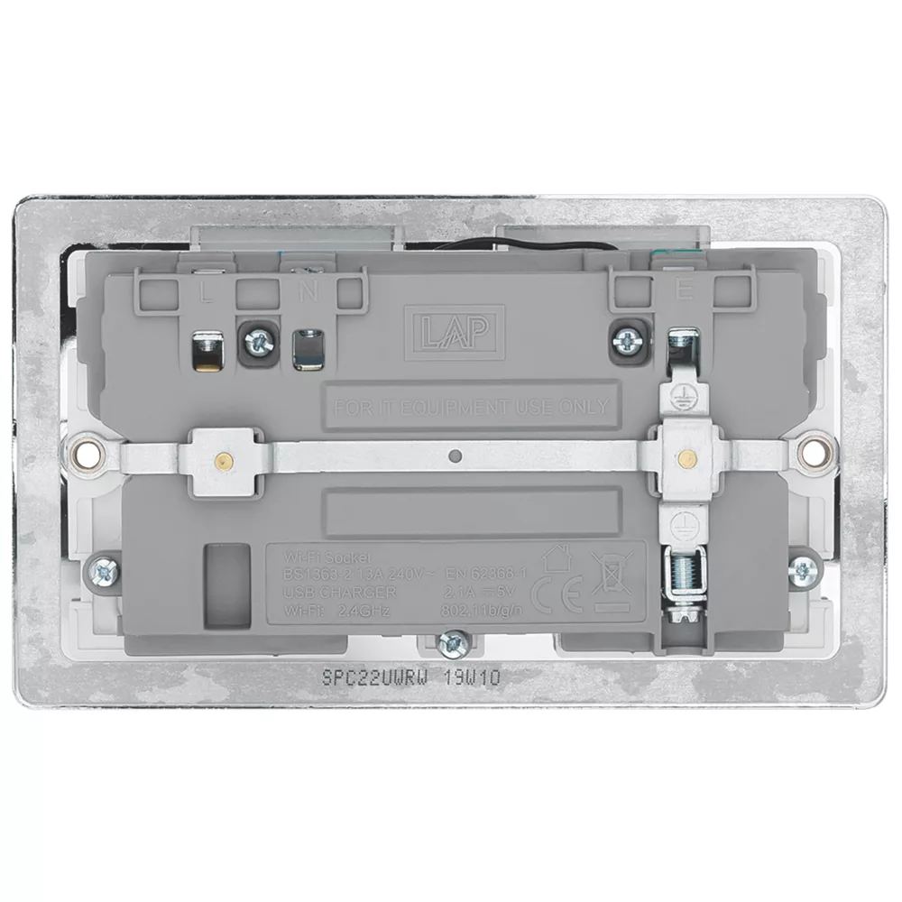 LAP 13A 2-Gang SP Switched Wi-Fi Extender Socket + 2.1A 1-Outlet Type A USB Charger Polished Chrome With White Inserts 6 LAP 13A 2-Gang SP Switched Wi-Fi Extender Socket + 2.1A 1-Outlet Type A USB Charger Polished Chrome With White Inserts - Image 4