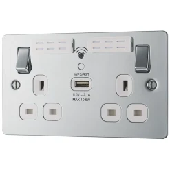 LAP 13A 2-Gang SP Switched Wi-Fi Extender Socket + 2.1A 1-Outlet Type A USB Charger Polished Chrome With White Inserts