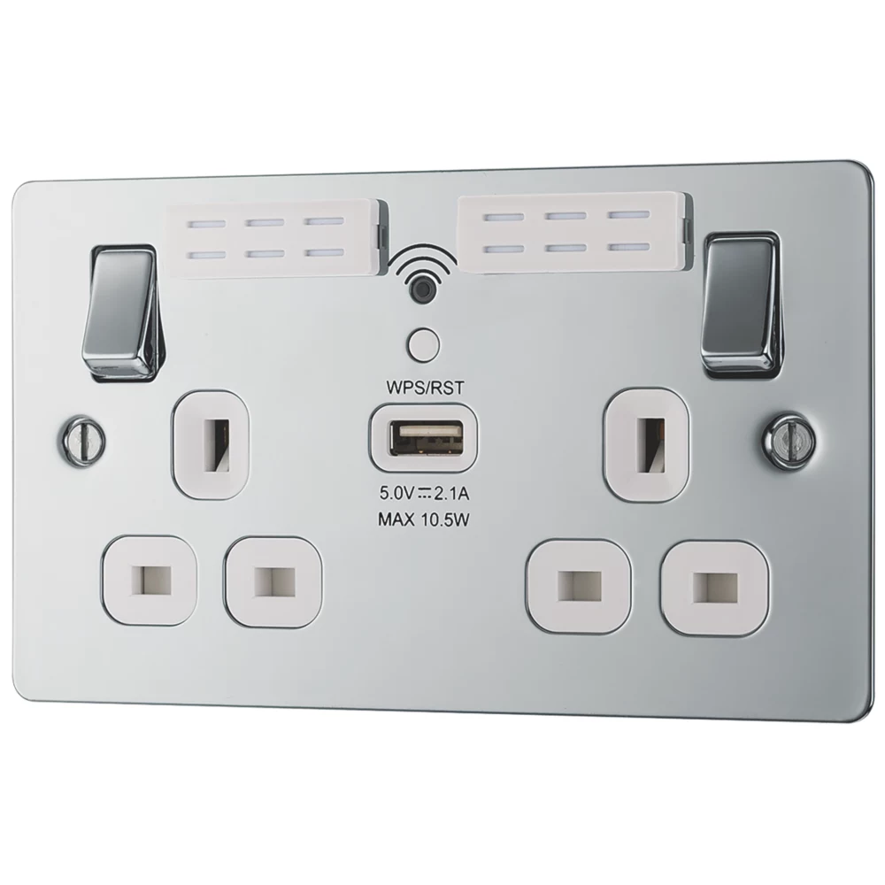 LAP 13A 2-Gang SP Switched Wi-Fi Extender Socket + 2.1A 1-Outlet Type A USB Charger Polished Chrome With White Inserts 3 LAP 13A 2-Gang SP Switched Wi-Fi Extender Socket + 2.1A 1-Outlet Type A USB Charger Polished Chrome With White Inserts