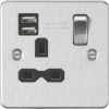 Knightsbridge FPR9124BC 13A 1-Gang SP Switched Socket + 2.4A 2-Outlet Type A USB Charger Brushed Chrome With Black Inserts -British General Shop 280TY P