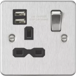 Knightsbridge FPR9124BC 13A 1-Gang SP Switched Socket + 2.4A 2-Outlet Type A USB Charger Brushed Chrome With Black Inserts
