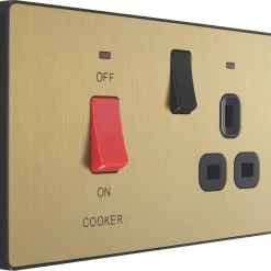 British General Evolve 45A 2-Gang 2-Pole Cooker Switch & 13A DP Switched Socket Satin Brass With LED With Black Inserts -British General Shop 288PX A2