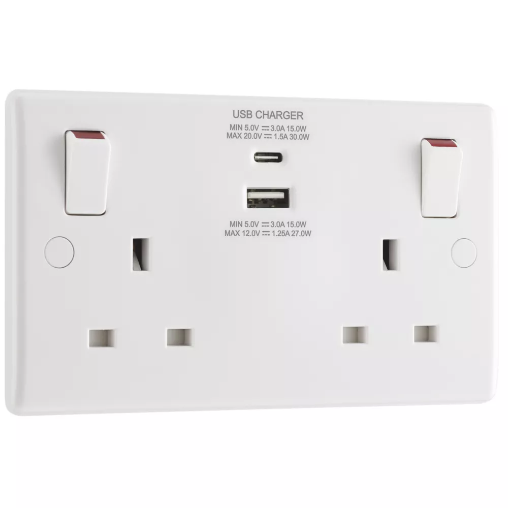 British General 800 Series 13A 2-Gang SP Switched Socket + 3A 2-Outlet Type A & C USB Charger White 5 British General 800 Series 13A 2-Gang SP Switched Socket + 3A 2-Outlet Type A & C USB Charger White - Image 3