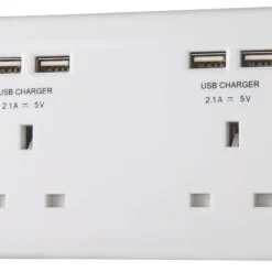 British General 800 Series 13A 2-Gang SP Unswitched Socket + 4.2A 4-Outlet Type A USB Charger White