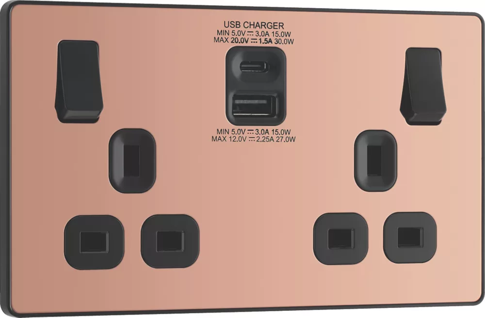 British General Evolve 13A 2-Gang SP Switched Socket + 3A 2-Outlet Type A & C USB Charger Copper With Black Inserts 4 British General Evolve 13A 2-Gang SP Switched Socket + 3A 2-Outlet Type A & C USB Charger Copper With Black Inserts - Image 2