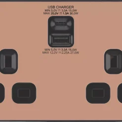 British General Evolve 13A 2-Gang SP Switched Socket + 3A 2-Outlet Type A & C USB Charger Copper With Black Inserts 11 British General Evolve 13A 2-Gang SP Switched Socket + 3A 2-Outlet Type A & C USB Charger Copper With Black Inserts -British General Shop 292RF A2
