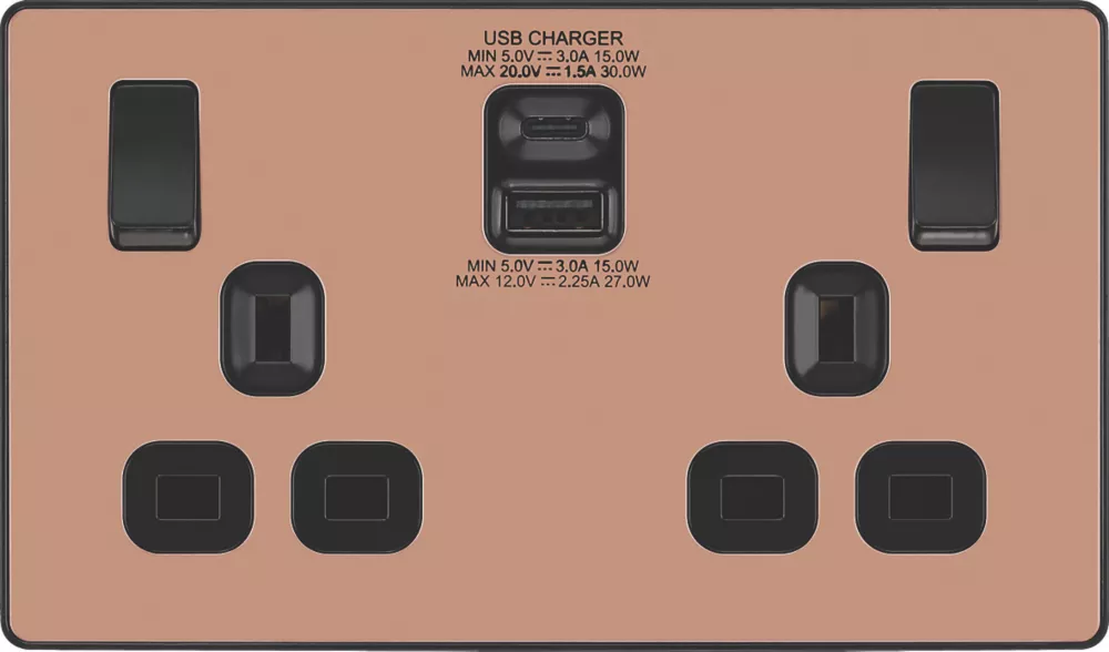 British General Evolve 13A 2-Gang SP Switched Socket + 3A 2-Outlet Type A & C USB Charger Copper With Black Inserts 5 British General Evolve 13A 2-Gang SP Switched Socket + 3A 2-Outlet Type A & C USB Charger Copper With Black Inserts - Image 3
