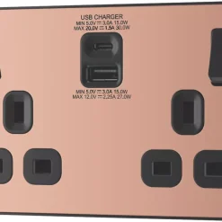 British General Evolve 13A 2-Gang SP Switched Socket + 3A 2-Outlet Type A & C USB Charger Copper With Black Inserts 12 British General Evolve 13A 2-Gang SP Switched Socket + 3A 2-Outlet Type A & C USB Charger Copper With Black Inserts -British General Shop 292RF A3