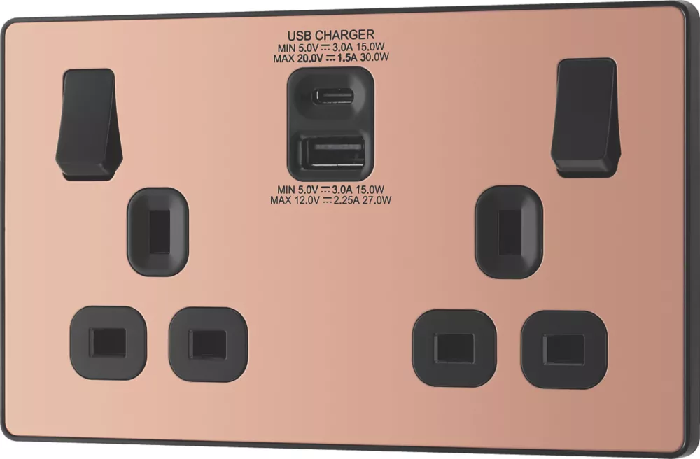 British General Evolve 13A 2-Gang SP Switched Socket + 3A 2-Outlet Type A & C USB Charger Copper With Black Inserts 6 British General Evolve 13A 2-Gang SP Switched Socket + 3A 2-Outlet Type A & C USB Charger Copper With Black Inserts - Image 4