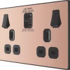 British General Evolve 13A 2-Gang SP Switched Socket + 3A 2-Outlet Type A & C USB Charger Copper With Black Inserts -British General Shop 292RF P