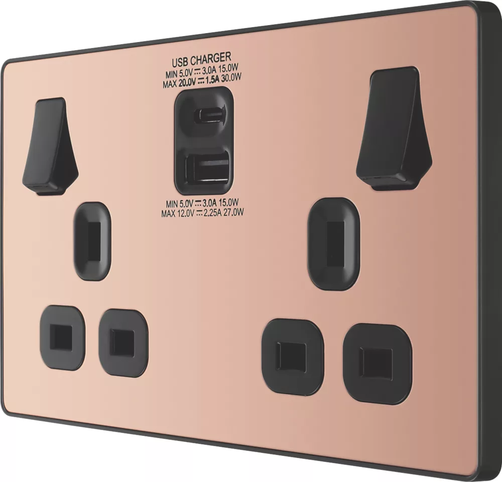 British General Evolve 13A 2-Gang SP Switched Socket + 3A 2-Outlet Type A & C USB Charger Copper With Black Inserts 3 British General Evolve 13A 2-Gang SP Switched Socket + 3A 2-Outlet Type A & C USB Charger Copper With Black Inserts