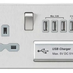 Knightsbridge FPR7USB4BCG 13A 1-Gang SP Switched Socket + 5.1A 4-Outlet Type A USB Charger Brushed Chrome With Colour-Matched Inserts
