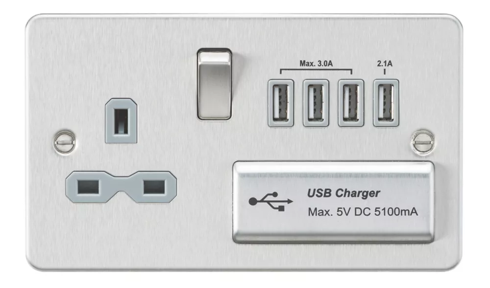 Knightsbridge FPR7USB4BCG 13A 1-Gang SP Switched Socket + 5.1A 4-Outlet Type A USB Charger Brushed Chrome With Colour-Matched Inserts 3 Knightsbridge FPR7USB4BCG 13A 1-Gang SP Switched Socket + 5.1A 4-Outlet Type A USB Charger Brushed Chrome With Colour-Matched Inserts