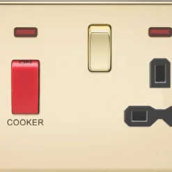 Knightsbridge FPR8333NPB 45 & 13A 2-Gang DP Cooker Switch & 13A DP Switched Socket Polished Brass With LED With Black Inserts