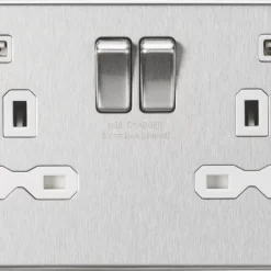 Knightsbridge FPR9224BCW 13A 2-Gang SP Switched Socket + 2.4A 2-Outlet Type A USB Charger Brushed Chrome With White Inserts