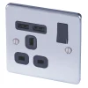 LAP 13A 1-Gang SP Switched Socket + 2.1A 2-Outlet Type A USB Charger Polished Chrome With Black Inserts -British General Shop 3163F P