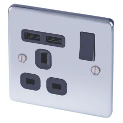 LAP 13A 1-Gang SP Switched Socket + 2.1A 2-Outlet Type A USB Charger Polished Chrome With Black Inserts