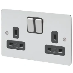 MK Edge 13A 2-Gang DP Switched Plug Socket Polished Chrome With Black Inserts
