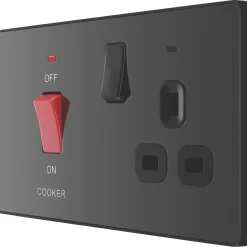 British General Evolve 45A 2-Gang 2-Pole Cooker Switch & 13A DP Switched Socket Black With LED With Black Inserts