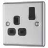 LAP 13A 1-Gang SP Switched Plug Socket Brushed Stainless Steel With Black Inserts -British General Shop 3234C P