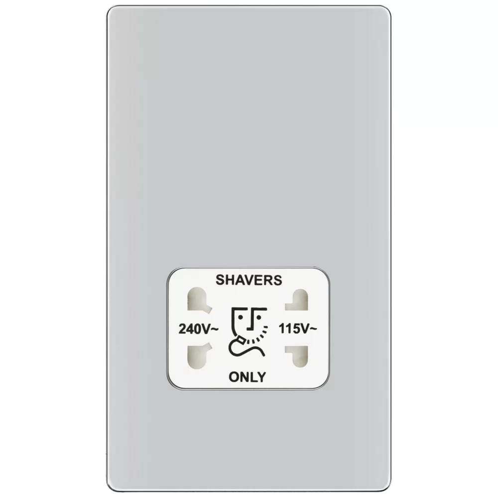 LAP 2-Gang Dual Voltage Shaver Socket 115 / 230V Polished Chrome With White Inserts 4 LAP 2-Gang Dual Voltage Shaver Socket 115 / 230V Polished Chrome With White Inserts - Image 2