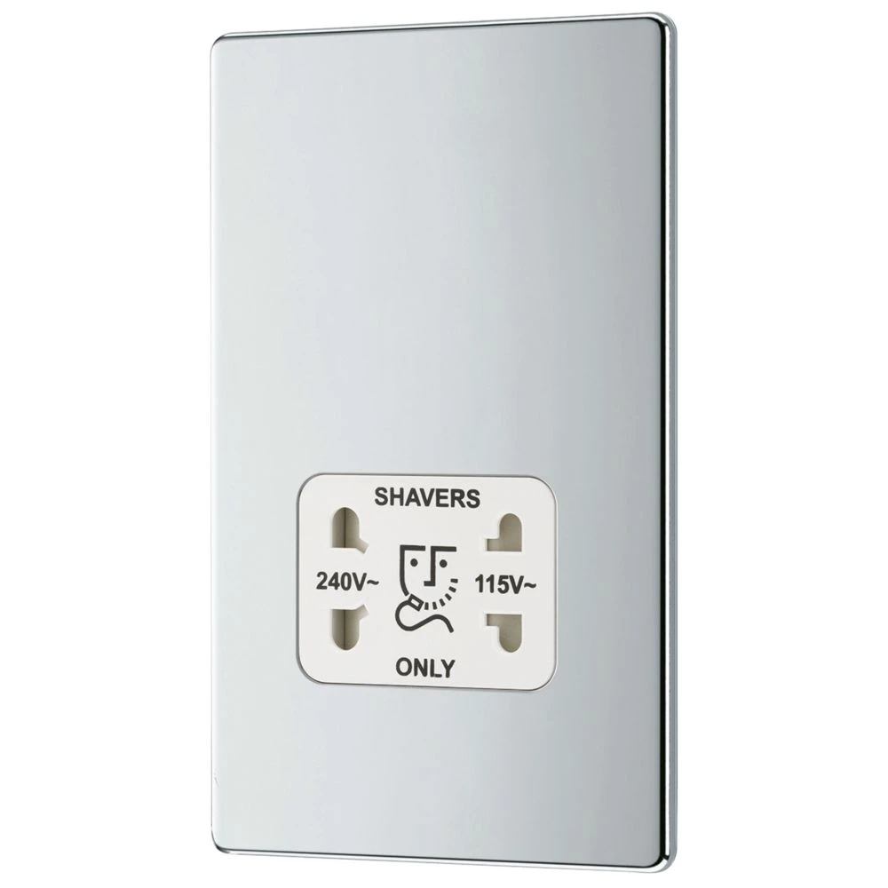 LAP 2-Gang Dual Voltage Shaver Socket 115 / 230V Polished Chrome With White Inserts 3 LAP 2-Gang Dual Voltage Shaver Socket 115 / 230V Polished Chrome With White Inserts