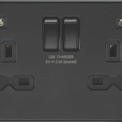 Knightsbridge SFR9904NMBB 13A 2-Gang SP Switched Socket + 2.4A 2-Outlet Type A USB Charger Matt Black With Black Inserts