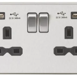 Knightsbridge CS9224BC 13A 2-Gang SP Switched Socket + 2.4A 2-Outlet Type A USB Charger Brushed Chrome With Black Inserts