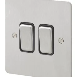 MK Edge 20AX 2-Gang 2-Way Light Switch Brushed Stainless Steel With Black Inserts