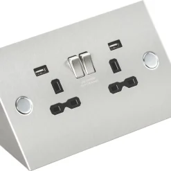 Knightsbridge SKR002A 13A 2-Gang SP Switched Socket + 2.4A 2-Outlet Type A USB Charger Stainless Steel With Black Inserts -British General Shop 333VF A1