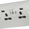 Knightsbridge SKR002A 13A 2-Gang SP Switched Socket + 2.4A 2-Outlet Type A USB Charger Stainless Steel With Black Inserts -British General Shop 333VF P
