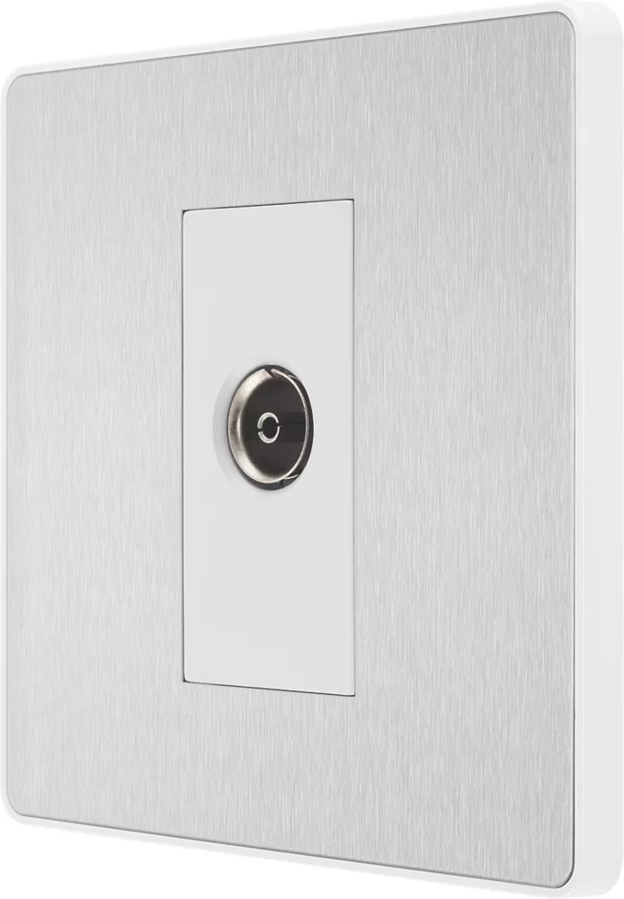 British General Evolve 1-Gang Coaxial TV / FM Socket Brushed Steel With White Inserts 3 British General Evolve 1-Gang Coaxial TV / FM Socket Brushed Steel With White Inserts
