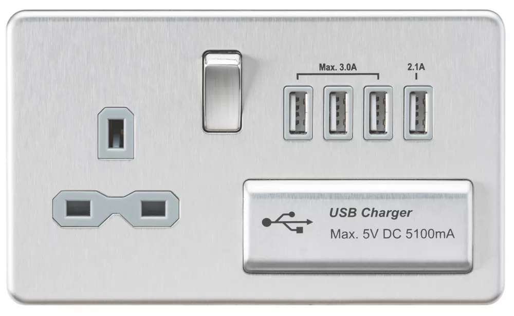 Knightsbridge SFR7USB4BCG 13A 1-Gang SP Switched Socket + 5.1A 4-Outlet Type A USB Charger Brushed Chrome With Colour-Matched Inserts 3 Knightsbridge SFR7USB4BCG 13A 1-Gang SP Switched Socket + 5.1A 4-Outlet Type A USB Charger Brushed Chrome With Colour-Matched Inserts