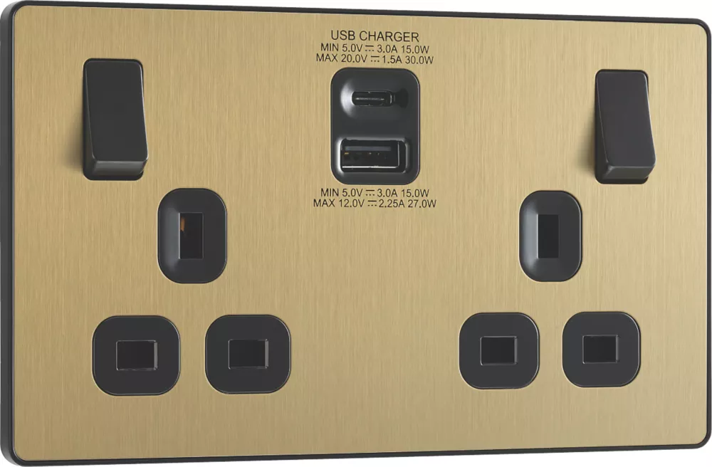 British General Evolve 13A 2-Gang SP Switched Socket + 3A 2-Outlet Type A & C USB Charger Satin Brass With Black Inserts 4 British General Evolve 13A 2-Gang SP Switched Socket + 3A 2-Outlet Type A & C USB Charger Satin Brass With Black Inserts - Image 2