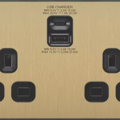 British General Evolve 13A 2-Gang SP Switched Socket + 3A 2-Outlet Type A & C USB Charger Satin Brass With Black Inserts 11 British General Evolve 13A 2-Gang SP Switched Socket + 3A 2-Outlet Type A & C USB Charger Satin Brass With Black Inserts -British General Shop 340RF A2