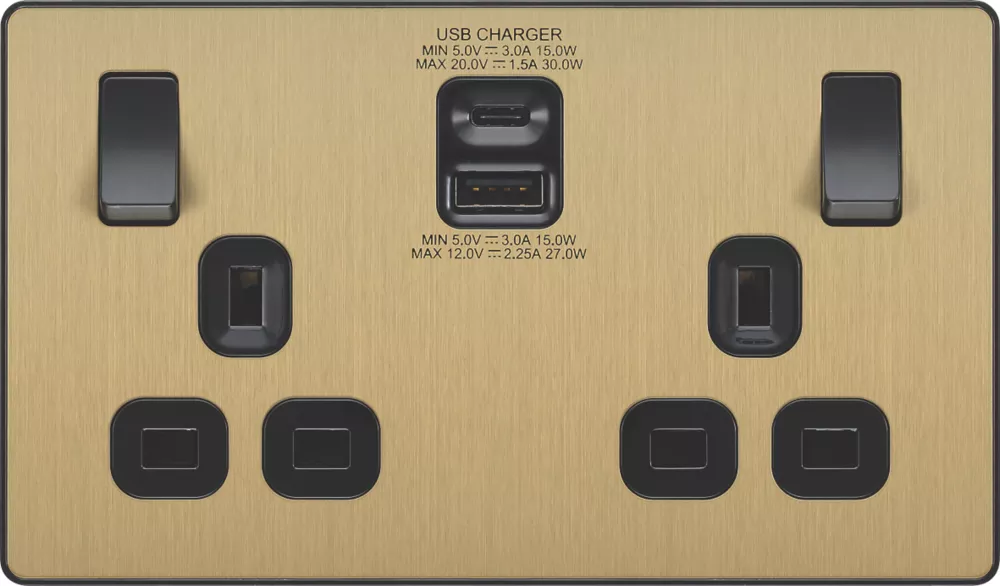 British General Evolve 13A 2-Gang SP Switched Socket + 3A 2-Outlet Type A & C USB Charger Satin Brass With Black Inserts 5 British General Evolve 13A 2-Gang SP Switched Socket + 3A 2-Outlet Type A & C USB Charger Satin Brass With Black Inserts - Image 3