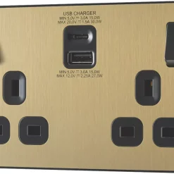 British General Evolve 13A 2-Gang SP Switched Socket + 3A 2-Outlet Type A & C USB Charger Satin Brass With Black Inserts 12 British General Evolve 13A 2-Gang SP Switched Socket + 3A 2-Outlet Type A & C USB Charger Satin Brass With Black Inserts -British General Shop 340RF A3