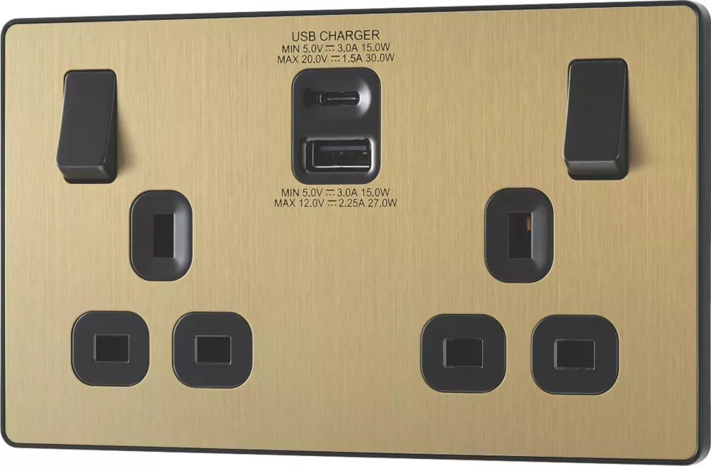 British General Evolve 13A 2-Gang SP Switched Socket + 3A 2-Outlet Type A & C USB Charger Satin Brass With Black Inserts 6 British General Evolve 13A 2-Gang SP Switched Socket + 3A 2-Outlet Type A & C USB Charger Satin Brass With Black Inserts - Image 4