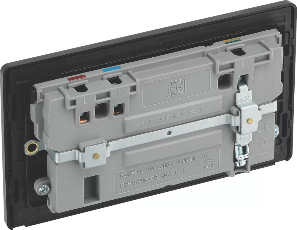 British General Evolve 13A 2-Gang SP Switched Socket + 3A 2-Outlet Type A & C USB Charger Satin Brass With Black Inserts 7 British General Evolve 13A 2-Gang SP Switched Socket + 3A 2-Outlet Type A & C USB Charger Satin Brass With Black Inserts - Image 5
