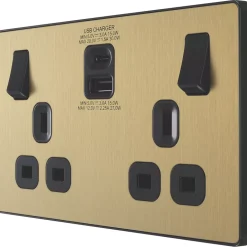 British General Evolve 13A 2-Gang SP Switched Socket + 3A 2-Outlet Type A & C USB Charger Satin Brass With Black Inserts