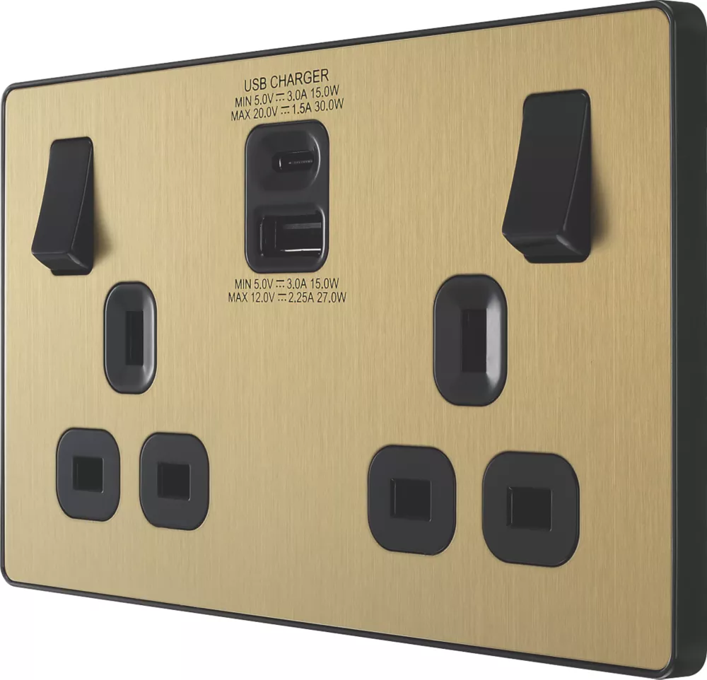 British General Evolve 13A 2-Gang SP Switched Socket + 3A 2-Outlet Type A & C USB Charger Satin Brass With Black Inserts 3 British General Evolve 13A 2-Gang SP Switched Socket + 3A 2-Outlet Type A & C USB Charger Satin Brass With Black Inserts