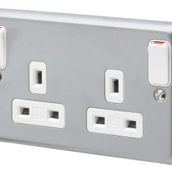 MK Albany Plus 13A 2-Gang DP Switched Plug Socket Brushed Stainless Steel With White Inserts