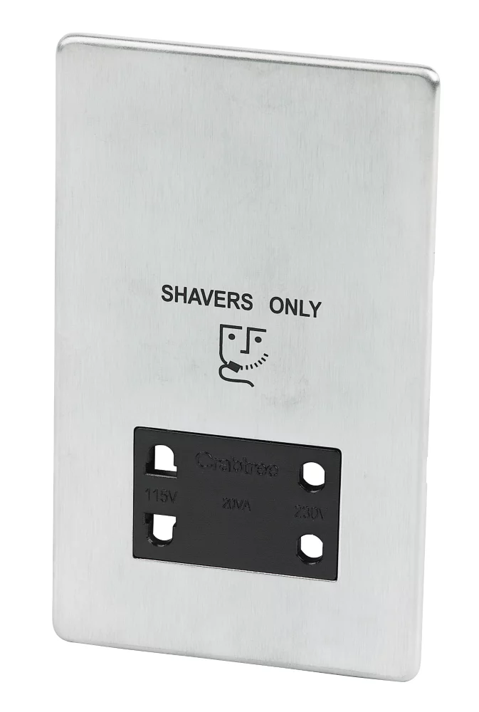 Crabtree Platinum 2-Gang Dual Voltage Shaver Socket 115 / 230V Satin Chrome With Black Inserts 3 Crabtree Platinum 2-Gang Dual Voltage Shaver Socket 115 / 230V Satin Chrome With Black Inserts