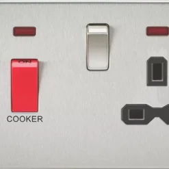 Knightsbridge FPR8333NBC 45 & 13A 2-Gang DP Cooker Switch & 13A DP Switched Socket Brushed Brass With LED With Black Inserts