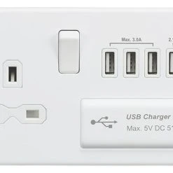 Knightsbridge SFR7USB4MW 13A 1-Gang SP Switched Socket + 5.1A 4-Outlet Type A USB Charger Matt White With White Inserts