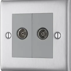 British General Nexus Metal 2-Gang Double Coaxial TV / FM Socket Brushed Steel